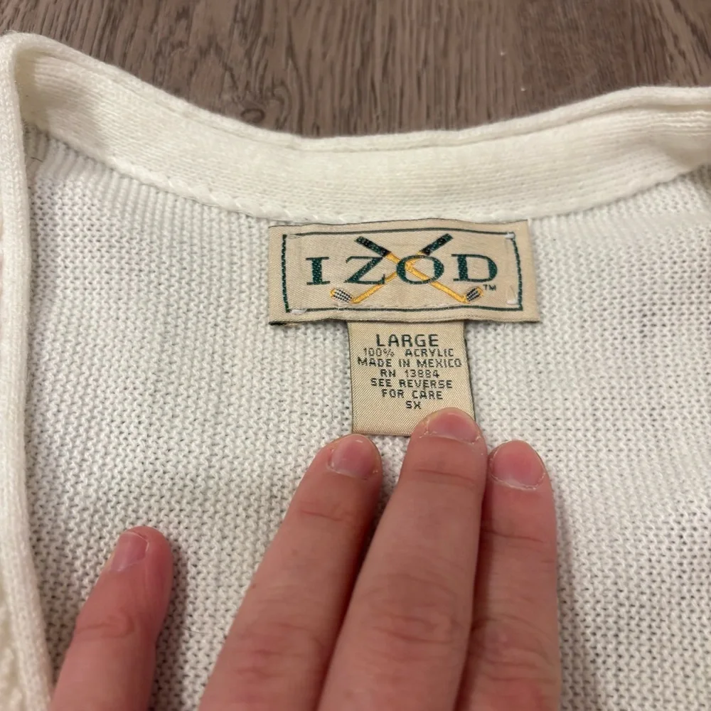 Vtg Izod Cardigan Sweater Men’s Large Off White Cream Button Front Knit Logo - Picture 2 of 3